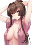  1girl absurdres areola_slip areolae blush breasts brown_eyes brown_hair buttons closed_mouth eyebrows_visible_through_hair flower hair_between_eyes hair_flower hair_ornament highres kantai_collection kiritto large_breasts long_hair looking_at_viewer open_clothes open_shirt pink_flower pink_shirt shirt short_sleeves simple_background solo upper_body very_long_hair white_background yamato_(kancolle) 