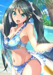 1girl beach bikini blue_bikini blue_sky blurry breasts cleavage cloud commentary_request cowboy_shot day depth_of_field floral_print green_eyes grey_hair groin hair_ribbon highres isuzu_(kancolle) kantai_collection kikuchi-shoogo large_breasts long_hair looking_at_viewer outdoors palm_tree ribbon sky solo swimsuit tree twintails 
