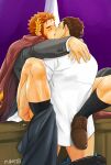  2boys anal arms_around_neck bara black_legwear claude_(tokyo_houkago_summoners) coat coat_on_shoulders couple facial_hair formal french_kiss from_behind gakei3 goatee happy_sex indoors kiss laurel_crown leather long_sideburns male_focus master_3_(tokyo_houkago_summoners) mature_male multiple_boys muscular muscular_male overflow pants pants_removed red_hair sex shirt shoes short_hair sideburns socks spread_legs suit sweat sweatdrop thick_eyebrows thick_thighs thighs tokyo_houkago_summoners white_shirt yaoi 