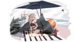  1girl absurdres alternate_costume arknights ball bare_legs bare_shoulders barefoot beach beach_mat beachball bikini black_bikini breasts can chinese_commentary choker circular_saw commentary_request fishing_rod full_body grey_hair hair_ornament hand_on_own_chest highres huge_filesize infection_monitor_(arknights) long_hair looking_at_viewer medium_breasts orca parted_lips red_eyes rhodes_island_logo shangguan_le_hei sitting smile soda_bottle soda_can solo specter_(arknights) stomach stuffed_animal stuffed_shark stuffed_toy surfboard swimsuit thigh_strap thighs umbrella very_long_hair wariza weapon 
