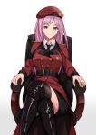  1girl armchair belt beret black_belt black_footwear black_legwear black_neckwear black_skirt boots breasts chair closed_mouth crossed_legs eyebrows_visible_through_hair female_commander_(girls&#039;_frontline) girls&#039;_frontline hakugin006 hat highres jacket knee_boots long_hair looking_at_viewer medium_breasts necktie pink_eyes pink_hair red_jacket rubber_boots shirt sitting skirt smile solo thighhighs white_background white_shirt 