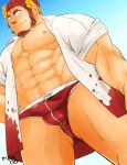  1boy abs alternate_costume ass_visible_through_thighs bara bare_pectorals bulge claude_(tokyo_houkago_summoners) facial_hair from_below gakei3 goatee large_pectorals laurel_crown long_sideburns looking_at_viewer male_focus male_swimwear mature_male muscular muscular_male navel nipples open_clothes open_shirt pectorals red_hair red_male_swimwear shirt short_hair sideburns sleeves_rolled_up smile solo stomach swim_briefs thick_eyebrows thick_thighs thighs tokyo_houkago_summoners white_shirt 