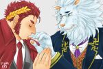  2boys animal_ears animal_hands bara beard claude_(tokyo_houkago_summoners) coat facial_hair finger_in_another&#039;s_mouth formal furry furry_male furry_with_non-furry gakei3 goatee interspecies laurel_crown lion_boy lion_ears long_sideburns looking_at_another male_focus mature_male multiple_boys muscular muscular_male necktie red_coat red_hair short_hair sideburns snow_(tokyo_houkago_summoners) thick_eyebrows tokyo_houkago_summoners tongue tongue_out upper_body white_hair yaoi 