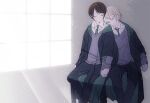  2boys albus_severus_potter black_hair black_robe blonde_hair blue_eyes closed_eyes harry_potter harry_potter:_the_cursed_child hogwarts_school_uniform holding_hands ihiro multiple_boys robe school_uniform scorpius_malfoy short_hair sitting slytherin striped striped_neckwear 