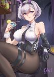  1girl absurdres animal_ears arm_rest artist_name azur_lane bangs bar bare_shoulders black_hairband black_legwear black_leotard black_neckwear bow bowtie breasts chinese_commentary collarbone collared_shirt commentary_request cowboy_shot crop_top cup dated drinking_straw elbow_gloves eyebrows_visible_through_hair fake_animal_ears gloves grey_hair groin hair_between_eyes hairband highres holding holding_cup id_card indoors large_breasts leotard leotard_under_clothes long_hair looking_at_viewer low_ponytail metal_gloves necktie night official_alternate_costume pantyhose parted_hair parted_lips partial_commentary playboy_bunny purple_eyes rabbit_ears reno_(azur_lane) reno_(reno_bunnino)_(azur_lane) see-through see-through_shirt shirt side-tie_leotard sideboob sidelocks single_elbow_glove sitting skindentation sleeveless sleeveless_shirt smile solo stool thigh_strap unique_(pixiv12704744) white_neckwear white_shirt window wrist_cuffs 