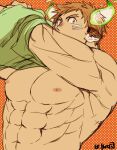  1boy abs animal_ears bara bare_pectorals bouncing_pecs brown_eyes brown_hair cow_boy cow_ears cow_horns dark-skinned_male dark_skin facial_hair fiery_horns forked_eyebrows gakei3 glowing_horns goatee green_shirt horns large_pectorals looking_at_viewer male_focus muscular muscular_male navel nipples open_clothes open_shirt pectorals shirt short_hair sideburns solo spiked_hair stomach thick_eyebrows tokyo_houkago_summoners undressing upper_body wakan_tanka 