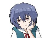  1girl ayanami_rei blue_hair commentary hand_on_own_chin light_smile looking_to_the_side multicolored multicolored_clothes neon_genesis_evangelion red_eyes red_ribbon ribbon sasihmi school_uniform short_hair tagme upper_body 