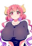  1girl beads blush breasts covered_nipples dragon_girl dragon_horns gradient_hair hair_beads hair_ornament highres horns horns_through_headwear huge_breasts ilulu_(maidragon) kobayashi-san_chi_no_maidragon mamiyama multicolored_hair pink_eyes pink_hair pointy_ears simple_background slit_pupils solo white_background 