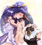  2girls bangs bare_shoulders black_hair blush breast_grab breasts bridal_gauntlets closed_eyes commentary_request detached_sleeves eyebrows_visible_through_hair flower genshin_impact grabbing hair_ornament hand_on_another&#039;s_shoulder highres japanese_clothes kujou_sara large_breasts licking licking_nipple long_hair mask mask_on_head mole mole_under_eye multiple_girls open_mouth purple_flower purple_hair purple_nails raiden_shogun ribbon riteral short_hair simple_background tassel tengu_mask white_background yellow_eyes yuri 