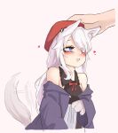  1girl 2poet 9a-91_(girls&#039;_frontline) animal_ear_fluff animal_ears animal_hands bare_shoulders blue_eyes blue_jacket blush girls&#039;_frontline grey_background hat headpat heart jacket off_shoulder open_mouth red_headwear simple_background solo_focus tail tail_wagging upper_body wide_sleeves 