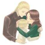  1girl 2boys astoria_greengrass blonde_hair brown_hair closed_eyes draco_malfoy father_and_son harry_potter harry_potter:_the_cursed_child highres hug long_hair mother_and_son multiple_boys older ponytail scorpius_malfoy short_hair smile 