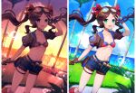  1girl bangs beach bikini bikini_top blue_eyes blue_shorts blue_sky blush breasts brown_gloves brown_hair bubble capsule collarbone fate/grand_order fate_(series) fingerless_gloves forehead gloves goggles gradient_sky gun hair_ribbon highres hsin jewelry leonardo_da_vinci_(fate) leonardo_da_vinci_(rider)_(fate) long_hair looking_at_viewer multiple_views necklace open_mouth orange_sky palm_tree parted_bangs puffy_short_sleeves puffy_sleeves purple_sky red_bikini red_ribbon ribbon short_shorts short_sleeves shorts shrug_(clothing) sidelocks sky small_breasts smile sparkle sunset swimsuit thighs tree twilight twintails w weapon 