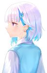 1girl absurdres bandaid bandaid_on_neck bangs blue_hair blue_vest blunt_bangs blush closed_mouth collared_shirt commentary_request ear_piercing eyebrows_visible_through_hair hair_ornament highres lize_helesta looking_away multicolored_hair multiple_piercings nenehotoso nijisanji piercing profile purple_eyes shirt short_hair silver_hair simple_background solo two-tone_hair upper_body vest virtual_youtuber white_background white_shirt 