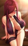  1girl blush breasts brown_eyes cleavage earrings erza_scarlet fairy_tail ginhaha hair_over_one_eye highres jewelry lactation large_breasts long_hair looking_at_viewer red_hair simple_background smile solo 