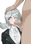  1boy 1girl akisora bangs black_jacket censored collared_shirt commentary_request danganronpa_(series) danganronpa_3_(anime) dress_shirt duplicate fellatio from_side grey_hair hair_over_one_eye hand_on_another&#039;s_head hetero irrumatio jacket kimura_seiko long_hair looking_up male_pubic_hair mask mosaic_censoring mouth_mask no_mask oral penis pubic_hair purple_eyes shiny shiny_hair shirt simple_background surgical_mask testicles upper_body white_background white_shirt 