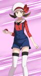  1girl blue_overalls brown_eyes brown_hair closed_mouth commentary_request hat highres holding holding_poke_ball looking_at_viewer lyra_(pokemon) overalls pink_background poke_ball poke_ball_(basic) pokemon pokemon_(game) pokemon_hgss red_shirt shirt short_twintails smile solo standing thighhighs tsukishiro_saika twintails white_headwear white_legwear 