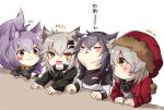  4girls :&lt; :3 animal_ear_fluff animal_ears arknights black_capelet black_coat black_gloves black_hair blush capelet closed_mouth coat commentary_request eyebrows_visible_through_hair fang fur-trimmed_hood fur_trim gloves grey_hair hair_between_eyes hair_ornament hairclip hood lappland_(arknights) long_sleeves mirui multiple_girls open_mouth projekt_red_(arknights) provence_(arknights) purple_hair red_coat red_hood scar scar_across_eye tail texas_(arknights) translation_request white_hair yellow_eyes 