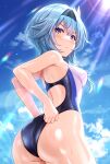  1girl ass back_cutout bangs black_hairband blue_hair blue_sky blush breasts clothing_cutout day eula_(genshin_impact) genshin_impact hair_ornament hairband highres large_breasts looking_at_viewer looking_back medium_hair one-piece_swimsuit outdoors purple_eyes sidelocks sky solo swimsuit thighs tomo_(tmtm_mf_mf) 
