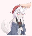  1girl 2poet 9a-91_(girls&#039;_frontline) animal_ear_fluff animal_ears bare_shoulders blue_eyes blue_jacket blush furry girls&#039;_frontline grey_background hat headpat heart jacket off_shoulder open_mouth red_headwear simple_background solo_focus tail tail_wagging upper_body wide_sleeves 