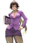  1girl 6maker absurdres black_hair blouse book breasts choker cleavage contrapposto formal highres holding holding_book jacket looking_at_viewer makoto_(street_fighter) medium_breasts office_lady older pantyhose pencil_skirt purple_jacket purple_skirt ribbon ribbon_choker short_hair skirt skirt_suit solo standing street_fighter suit thighs toned white_background yellow_ribbon 