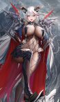  1girl absurdly_long_hair aegir_(azur_lane) areola_slip areolae azur_lane black_cape bodystocking breast_curtains breasts broken broken_chain cape chain covered_nipples cross cross-laced_clothes cross_earrings demon_girl demon_horns earrings from_below full_body high_heels highres horns huge_breasts jewelry lipstick long_hair looking_at_viewer makeup multicolored_hair open_mouth red_cape red_hair red_nails see-through solo streaked_hair tsuki_no_i-min very_long_hair white_hair yellow_eyes 