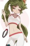  1girl alternate_costume bangs breasts closed_eyes head_tilt highres joy-con kid_icarus kid_icarus_uprising large_breasts leaning_to_the_side long_hair midriff navel onionsketch open_hands palutena pants ponytail ring_fit_adventure solo sports_bra thigh_strap very_long_hair white_pants white_sports_bra yoga_pants 