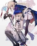  2girls ahoge arms_behind_back artoria_pendragon_(caster)_(fate) artoria_pendragon_(fate) bangs bare_shoulders black_bow black_gloves black_legwear black_neckwear black_ribbon blonde_hair blue_cape blue_footwear blue_headwear blush bow bowtie breasts buttons cape closed_eyes commentary_request dress eyebrows_visible_through_hair fate/grand_order fate/unlimited_codes fate_(series) flower frilled_skirt frills gloves green_eyes hair_between_eyes hair_bow hat high_heels highres holding holding_staff holding_weapon leg_up long_hair long_sleeves multiple_girls nayu_tundora neck_ribbon open_mouth pantyhose parted_lips petals pink_flower ponytail purple_bow purple_neckwear ribbon saber_lily short_hair sidelocks sitting skirt sleeveless sleeveless_dress small_breasts smile staff twintails weapon white_dress white_gloves 