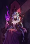  1girl bangs breasts cleavage crossed_bangs crossed_legs demon_girl demon_queen_lilith dress guardian_tales ha_seung hair_ornament highres horn_ornament horns looking_at_viewer medium_breasts multicolored multicolored_eyes pointy_ears sitting sleeveless smile solo throne 