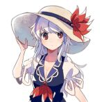  1girl alternate_headwear bangs blue_dress blue_hair breasts cleavage commentary dress hand_on_headwear hand_up hat hat_ribbon itomugi-kun kamishirasawa_keine long_hair looking_at_viewer multicolored_hair red_eyes red_neckwear ribbon short_sleeves simple_background solo sun_hat touhou two-tone_hair upper_body white_background white_hair white_headwear 