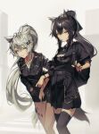  2girls alternate_costume animal_ears arknights black_hair black_jacket black_legwear black_nails black_shirt black_shorts black_skirt bracelet collarbone ear_piercing food fox_ears fox_girl fox_tail grey_eyes hair_ornament hairclip highres jacket jewelry lappland_(arknights) locked_arms long_hair multiple_girls nail_polish necklace oripathy_lesion_(arknights) piercing pocky ring shirt shorts simple_background skindentation skirt skull skull_necklace symbol-only_commentary tail texas_(arknights) thighhighs veilrain very_long_hair wedding_band white_background white_hair wolf_ears wolf_girl wolf_tail yellow_eyes 