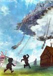  1girl 2boys blankcoin blue_sky building castle chain child cloud concept_art day fantasy floating_castle grass highres multiple_boys outdoors running scenery sky windmill 