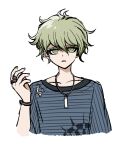  1boy amami_rantarou bangs collarbone cropped_torso danganronpa_(series) danganronpa_v3:_killing_harmony green_eyes green_hair hair_between_eyes hand_up highres jewelry looking_at_viewer male_focus necklace no_(xpxz7347) open_mouth ring shirt short_hair simple_background solo striped striped_shirt upper_body white_background 