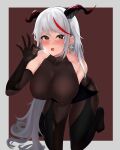  1girl absurdly_long_hair absurdres aegir_(azur_lane) all_fours azur_lane black_gloves black_legwear blush bodystocking breasts brown_background covered_nipples cross cross_earrings demon_horns earrings elbow_gloves fellatio_gesture gloves highres horns jewelry lao_yuan_zhang large_breasts long_hair looking_at_viewer multicolored_hair red_hair simple_background solo streaked_hair taut_clothes two-tone_hair very_long_hair white_hair yellow_eyes 
