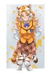  1girl absurdres animal_ears animal_print arm_behind_back blonde_hair blue_neckwear bow bowtie collared_shirt commentary_request cowboy_shot curly_hair drill_hair eyebrows_visible_through_hair forehead garter_straps golden_tabby_tiger_(kemono_friends) highres jacket japari_symbol kemono_friends long_hair long_sleeves looking_at_viewer plaid plaid_skirt plaid_trim pleated_skirt print_legwear shirt skirt solo tail tanabe_(fueisei) thighhighs tiger_ears tiger_girl tiger_print tiger_tail twin_drills white_hair white_shirt yellow_eyes yellow_jacket yellow_skirt zettai_ryouiki 