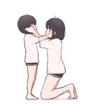  1ssakawaguchi 2girls ahoge barefoot black_hair blush_stickers cheek_squash closed_eyes from_side kneeling multiple_girls original profile shirt short_hair short_shorts shorts standing t-shirt white_background 