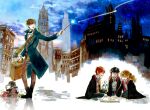  1girl 3boys black_hair black_robe book bow bowtie brown_hair childlock fantastic_beasts_and_where_to_find_them glasses gryffindor harry_james_potter harry_potter hermione_granger highres hogwarts_school_uniform holding holding_wand lantern long_hair multiple_boys necktie newt_scamander niffler open_book orange_hair robe ron_weasley school_uniform short_hair smile striped striped_neckwear time_paradox wand 