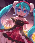  1girl 7th_dragon_(series) 7th_dragon_2020-ii :d ahoge bangs bare_shoulders black_dress blue_eyes blue_hair cloud commentary_request dress eyebrows_visible_through_hair floro_(7th_dragon) flower hair_between_eyes hairband halterneck hand_up hatsune_miku highres layered_dress long_hair naga_u nail_polish open_mouth orange_flower outdoors outstretched_arm pleated_dress red_hairband red_nails sky smile solo twintails very_long_hair vocaloid wrist_cuffs 