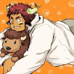  1boy animal_ears ass bara blush brown_eyes brown_hair casual cow_boy cow_ears cow_horns dark-skinned_male dark_skin facial_hair facial_mark fiery_horns food forked_eyebrows gakei3 glowing_horns goatee grey_pants holding holding_stuffed_toy horns jacket male_focus official_alternate_costume onigiri pants short_hair smile solo spiked_hair stuffed_animal stuffed_toy thick_eyebrows tokyo_houkago_summoners wakan_tanka white_jacket 
