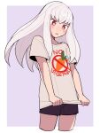  1girl alternate_costume bangs black_shorts blush casual clothes_writing do_m_kaeru english_text eyebrows_visible_through_hair fire_emblem fire_emblem:_three_houses hair_between_eyes long_hair lysithea_von_ordelia parted_lips pink_eyes print_shirt shirt short_shorts short_sleeves shorts sidelocks solo t-shirt white_hair white_shirt 