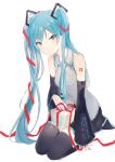  1girl bare_shoulders black_legwear blue_eyes blue_hair blue_nails breasts detached_sleeves hatsune_miku long_hair looking_at_viewer lpip necktie seiza sitting skirt sleeveless sleeves_past_wrists smile solo thighhighs twintails very_long_hair vocaloid 