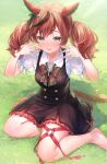  1girl animal_ears blush breasts brown_eyes commentary_request grass horse_ears horse_girl horse_tail looking_at_viewer medium_hair nice_nature_(umamusume) open_mouth ouri_(aya_pine) red_hair ribbon seiza short_twintails sitting solo sweat tail thighs twintails umamusume 