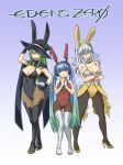  3girls animal_ears bangs bare_shoulders black_gloves black_legwear blue_background blue_eyes blue_hair boots breasts cape cat_ears cleavage closed_mouth copyright_name covered_navel crossed_arms detached_collar eden&#039;s_zero eyebrows_visible_through_hair facial_mark fake_animal_ears fake_tail gloves gradient gradient_background green_eyes green_hair grin hair_between_eyes hand_on_headwear hand_on_hip hat headphones hermit_mio high_heels highres knees_together_feet_apart large_breasts long_hair looking_at_viewer mashima_hiro medium_breasts multicolored_hair multiple_girls official_art pantyhose playboy_bunny rabbit_ears rabbit_tail shiny shiny_hair shoes silver_hair sister_ivry smile standing tail thigh_boots thigh_gap thighhighs thighs twintails two-tone_hair very_long_hair white_legwear witch_hat witch_regret wrist_cuffs yellow_footwear 