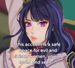 1girl armor bangs blurry blurry_background breasts cleavage closed_mouth commentary english_commentary english_text genshin_impact ggelus hair_ornament heart highres japanese_clothes kimono large_breasts lips long_hair looking_at_viewer meme mole mole_under_eye purple_eyes purple_hair raiden_shogun ribbon shoulder_armor solo 