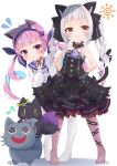  2girls :o absurdres ahoge anchor_hair_ornament animal_ear_fluff animal_ears bangs black_bow black_dress black_ribbon blue_choker blue_hair blue_hairband blue_sailor_collar blunt_bangs blush bow brown_eyes brown_legwear cat_ears cat_girl cat_tail choker closed_mouth collarbone colored_inner_hair commentary_request divergenceok dress drill_hair eyebrows_visible_through_hair flying_sweatdrops frilled_bow frilled_choker frilled_ribbon frilled_sailor_collar frills full_body hair_ornament hair_ribbon hairband halter_dress halterneck highres hololive long_hair long_sleeves looking_at_viewer minato_aqua multicolored_hair multiple_girls murasaki_shion musical_note neko_(minato_aqua) no_shoes pantyhose parted_lips pink_hair puffy_long_sleeves puffy_sleeves purple_eyes ribbon sailor_collar shiokko_(murasaki_shion) shirt short_eyebrows sidelocks silver_hair simple_background sleeves_past_fingers sleeves_past_wrists smile standing tail tail_bow tail_ornament twin_drills twintails virtual_youtuber white_background white_legwear white_shirt younger 