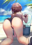  1girl all_fours anchor_symbol arm_support ass bare_arms bare_legs bare_shoulders beach bikini braid breasts brown_hair can cooler day from_behind hachimaki hair_ornament halterneck headband highres holding holding_can kantai_collection long_hair micro_shorts ocean outdoors palm_tree partially_visible_vulva propeller_hair_ornament rampage_2nd sand short_shorts shorts sky soda_can solo string_bikini summer sweat swimsuit swimsuit_under_clothes teruzuki_(kancolle) thighs tree twin_braids twintails water wet 
