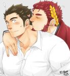  2boys bara blush claude_(tokyo_houkago_summoners) couple facial_hair gakei3 goatee hand_on_another&#039;s_shoulder heart kiss kissing_neck large_pectorals laurel_crown long_sideburns male_cleavage male_focus master_3_(tokyo_houkago_summoners) mature_male multiple_boys muscular muscular_male partially_unbuttoned pectorals red_hair shirt short_hair sideburns surprise_kiss surprised sweatdrop thick_eyebrows tokyo_houkago_summoners upper_body white_shirt yaoi 