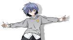  1girl ayanami_rei black_pants blue_hair commentary eyebrows_visible_through_hair grey_sweater highres looking_to_the_side neon_genesis_evangelion outstretched_arms pants red_eyes sasihmi shirt short_hair smile sweater tagme undershirt white_shirt 