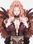  1girl artist_name bangs bare_shoulders belt blue_eyes breasts brown_dress center_opening choker circlet cleavage closed_mouth collarbone cornelia_arnim cum cum_on_body cum_on_breasts detached_sleeves dress feathers fire_emblem fire_emblem:_three_houses forehead_jewel green_eyes hands_on_own_chest hands_over_breasts hands_up highres large_breasts lewdapplez long_hair looking_at_viewer navel omiza_somi open_mouth parted_bangs pink_hair plunging_neckline simple_background solo strapless strapless_dress suggestive_fluid tongue tongue_out upper_body wavy_hair wet white_background 