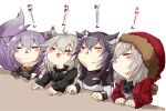  4girls animal_ear_fluff animal_ears arknights black_capelet black_coat black_gloves black_hair blush capelet coat commentary_request eyebrows_visible_through_hair fur-trimmed_hood fur_trim gloves grey_hair hair_between_eyes hair_ornament hairclip hood lappland_(arknights) long_sleeves mirui multiple_girls projekt_red_(arknights) provence_(arknights) purple_hair scar scar_across_eye tail texas_(arknights) translation_request white_hair wolf_ears wolf_girl wolf_tail 