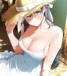  1girl bare_arms bare_shoulders blush bow braid breasts cleavage closed_mouth collarbone day dress fed_(giba) grey_eyes hand_on_headwear hat hat_bow hat_ornament large_breasts long_hair looking_at_viewer on_floor original silver_hair sitting sleeveless sleeveless_dress smile solo spaghetti_strap straw_hat sundress sunlight very_long_hair white_bow white_dress wooden_floor yellow_headwear 